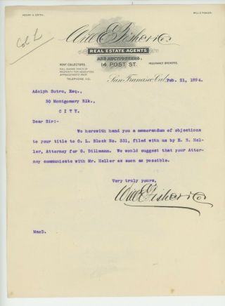 Letter To Adolph Sutro 1894 From Will Fisher Real Estate Agents - Title To Blk 331