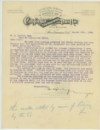 Letter To Agent Of Adolph Sutro 1894 From California Title Insurance & Trust Co