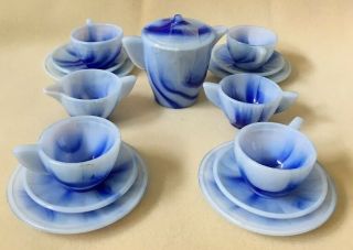 Vintage Akro Agate Blue/white Swirl Int.  Pnl.  Small Child’s Dishes Tea Set Of 16