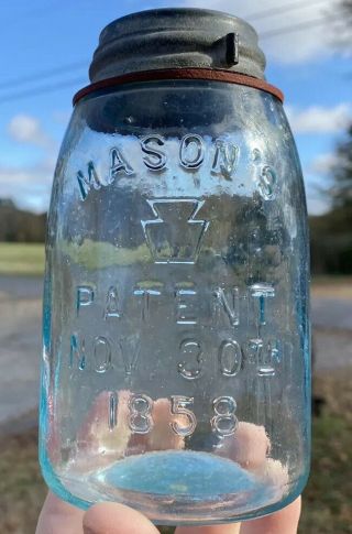 Blue Whittled Masons Patent 1858 Keystone Midget Pint Jar Lugged Lid Crude