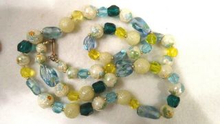 Miriam Haskell Vintage 30 " Glass Cream,  Blues,  Greens & Yellow Glass Necklace