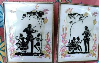 2 Vintage Reverse Painted Silhouette Pictures Boy Girl Fiddler 4 1/2 " X5 "