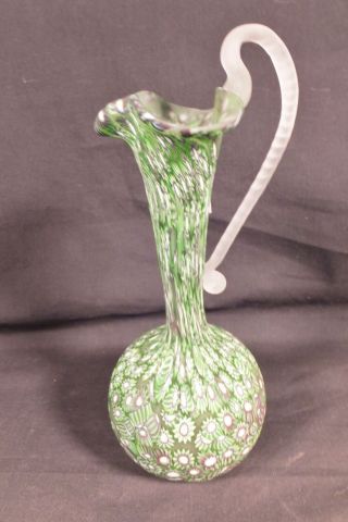 Large Vintage Murano Glass Millefiori Green Ewer Pitcher,  Fratelli Toso 8 " Tall