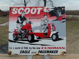 Old Vintage 1958 Cushman Scooters Porcelain Enamel Sign " Scott Into Summer "