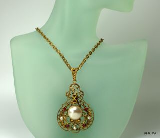 Victorian Revival Pendant Necklace Ornate Etruscan Pearl Marked Made In Germany