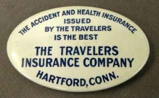 Vintage Travelers Insurance Company Hartford Conn Celluloid Oval Pocket Mirror ^