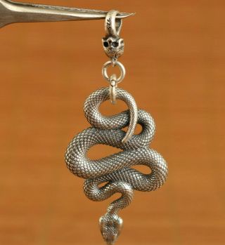 Cool Fortune Chinese S925 Solid Silver Snake Figure Statue Pendant Netsuke