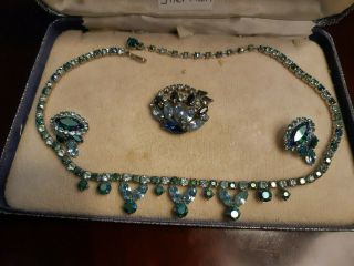 Vintage Signed Sherman Necklace,  Earrings And Brooch 3 Shades Of Blue Rhinestone