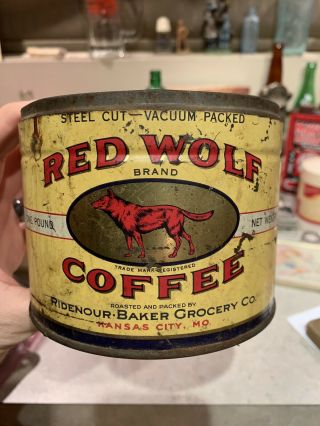 Vintage Coffee Tin Red Wolf Baker Grocery Co Kansas City Mo Kitchen Decor Can Us