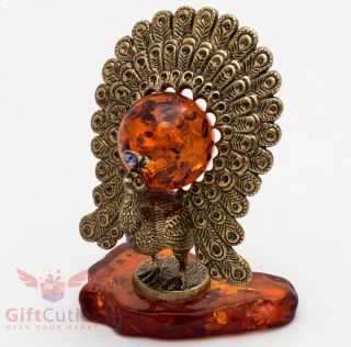 Solid Brass Amber Figurine Of Bird Peafowl With Amber Ball Ironwork