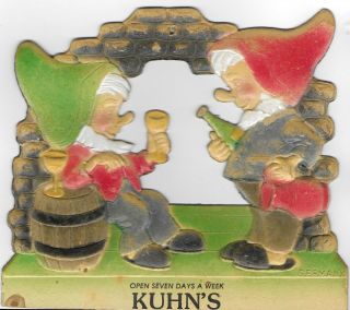Die Cut And Embossed Advertisement – Two Gnomes Drinking Brew Kuhn’s