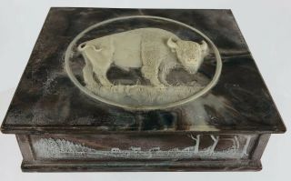 Vintage Incolay Carved Stone Jewelry Box Trinket Treasure Chest Buffalo Bison