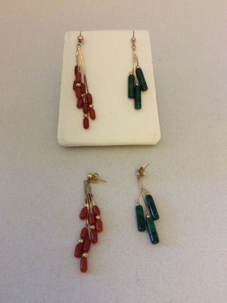 2 Pairs Of Vintage 14k Gold Pierced Dangle Earrings W/coral & Malachite Beads