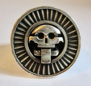 Vintage Sterling Silver Aztec Deity God Of The Dead Skull Ring S 9.  75 Hallmarked