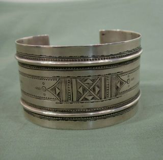 Wide Engraved Tuareg Sterling Silver Cuff Bracelet With Mark 45.  5g