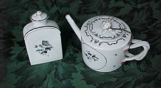 Antique Chinese Export Lowestoft 18th Century Porcelain Teapot And Tea Caddy