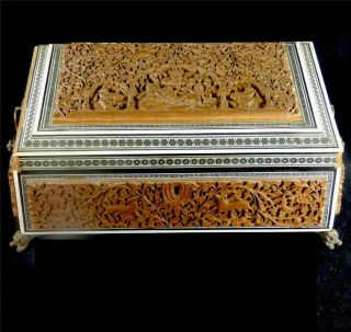 N605 Antique Anglo Indian Burmese Carved Sandalwood Vizagatapam Box Brahma