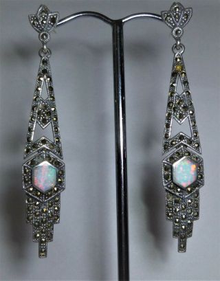 Silver Marked 925 Marcasite And Australian Fire Opal Art Deco Earrings