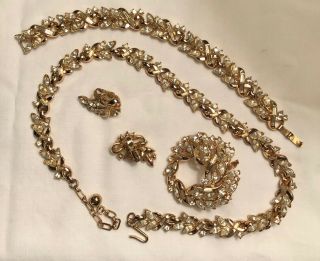 Vintage Trifari Rhinestone 2 Clip On Earrings,  1 Necklace 1 Bracelet 1 Brooch