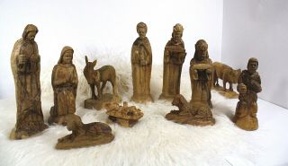 Vintage Nativity Set Hand Tooled Carved Olive Wood 11pcs Christmas Xmas Decor