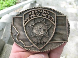 Real Montana Highway Patrol 3 - 7 - 77 Solid Brass Belt Buckle Vintage Estate