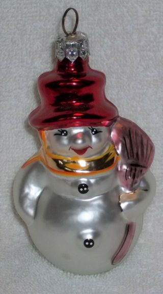 Christopher Radko Snowman Glass Christmas Ornament Pink Broom Red Hat