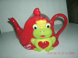 Red Tea Pot With Frog And Hearts,  Ceramic,  Valentines Decor