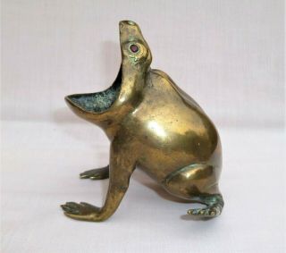 Large Antique Indian Bronze Brass Frog / Toad – Red Stone Eyes