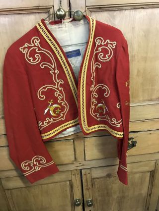 Vtg Red Wool Band Uniform Bolero Jacket Flying Monkey 40 Masonic Brass Tab 32