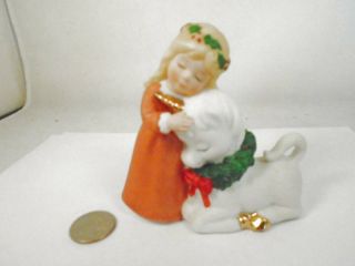 Vintage Enesco Girl With Unicorn Figurine Christmas Wreaths Gold Accents 1984 Po