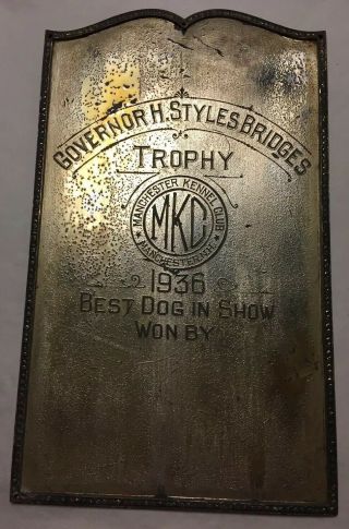 Vtg Manchester Nh Kennel Club Trophy Plaque Award Best Dog In Show 1936