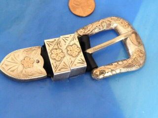Old Mexican Sterling Silver Solid 10k Rose Gold Belt Buckle Tip And Tabs