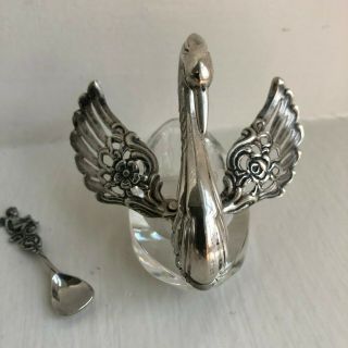 Vintage 835 W German Silver Crystal Swan Salt Cellar With Matching Salt Spoon