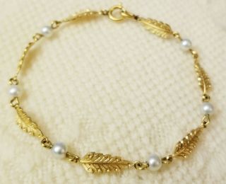 Vintage Van Dell 14k Gold Filled Leaves Real Pearl Designer Bracelet Signed