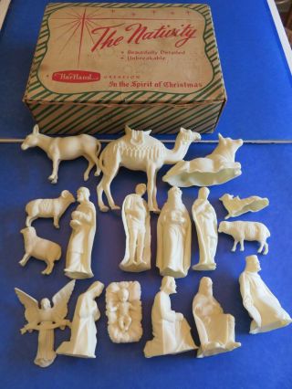 1959 Hartland Ivory Plastic Molded Unpainted 17 Piece Nativity Set