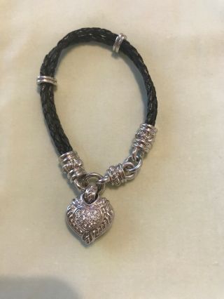 Vtg Judith Ripka Sterling Silver Black Leather Cz Stone Heart Charm Bracelet 7,  "