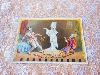 Victorian Christmas Card/comical Ghost And Clown Scene