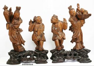 2 Pairs Antique Chinese Boxwood / Wood Carved Figure Groups C.  1880