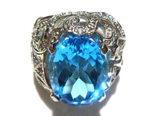 Womens Large Sterling Silver Highly Ornate Floral Flower Topaz Cocktail Ring