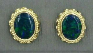 Vintage 14k Yellow Gold Stud Earrings With Black Multicolored Opal
