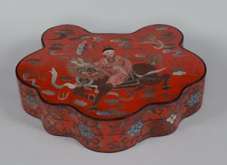 Chinese Red Lacquer Box Man Riding Qilin Late 19th Or Early 20th Century