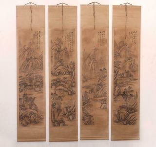 Wang Yuanqi Signed Four Of Old Chinese Hand Painted Calligraphy Scroll Landscape