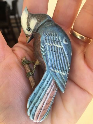 Vintage Hand Painted Wooden Blue Bird Pin Brooch Signed Yamamoto