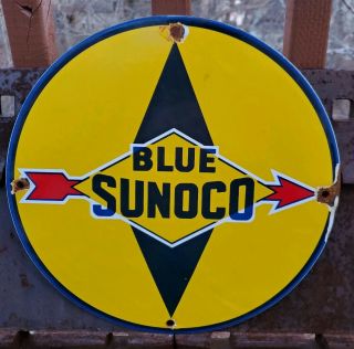 Old Sunoco Blue Gasoline - Motor Oil Porcelain Enamel Gas Pump Station Sign
