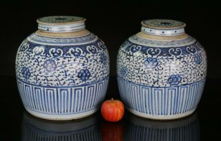 Large Pair Chinese Antique Blue And White Porcelain Vase Jar & Cover 18th C Qing
