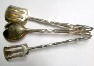 Set Of 3 Vintage Scizzor & Bamboo Style Serving Tongs Silver Plate? Italy?