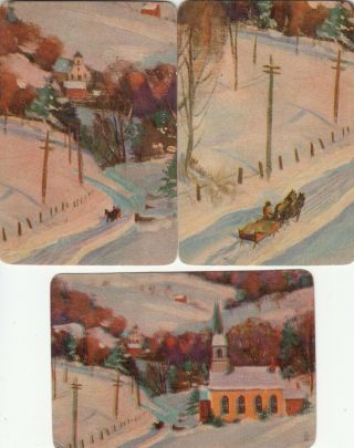 3 Playing Swap Cards Us Lithograph B/back Village Snow Scenes Horse Cart Church