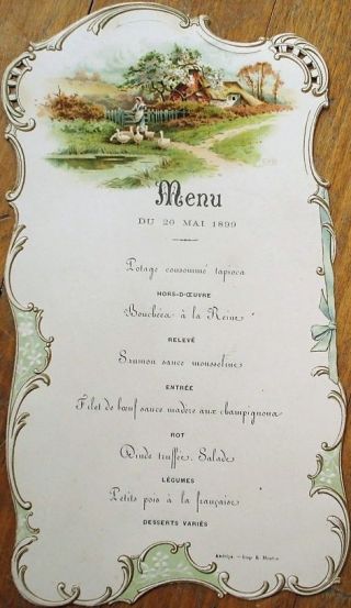 Menu - 1899 French Color Litho W/geese - Filet De Boeuf Sauce Madere Aux Champignons