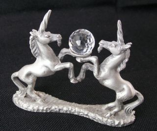 Vtg Spoontiques Cm523 - 1985 Pewter Dbl Unicorn Figurine Swarovski Crystal Ball