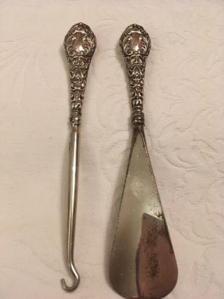Antique Silver Handled Button Hook And Shoe Horn,  Embossed Green Man Design 1906